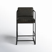 Bar Stool in Dark Gray Genuine Leather with Black Iron Sled Base