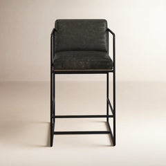 Bar Stool in Dark Gray Genuine Leather with Black Iron Sled Base