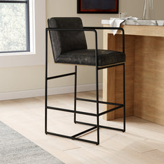 Bar Stool in Dark Gray Genuine Leather with Black Iron Sled Base