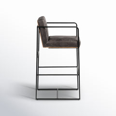 Bar Stool in Dark Gray Genuine Leather with Black Iron Sled Base