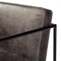Bar Stool in Dark Gray Genuine Leather with Black Iron Sled Base