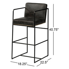 Bar Stool in Dark Gray Genuine Leather with Black Iron Sled Base