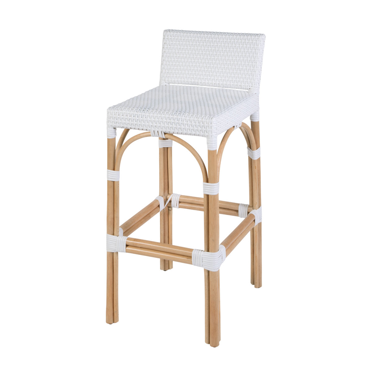 Bar Stool, Natural Rattan Frame with White Woven Seat, 30 Inch Seat Height