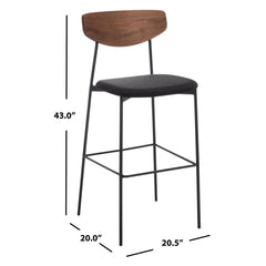 Bar Stool, Natural Seatback, Black Upholstered Seat, Iron Frame