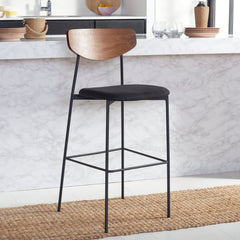Bar Stool, Natural Seatback, Black Upholstered Seat, Iron Frame