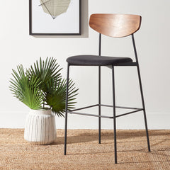 Bar Stool, Natural Seatback, Black Upholstered Seat, Iron Frame