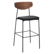 Bar Stool, Natural Seatback, Black Upholstered Seat, Iron Frame