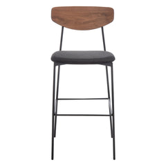 Bar Stool, Natural Seatback, Black Upholstered Seat, Iron Frame