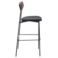 Bar Stool, Natural Seatback, Black Upholstered Seat, Iron Frame