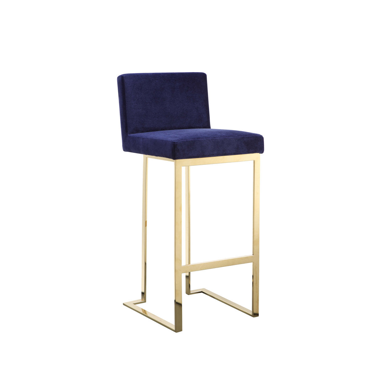 Bar Stool, Navy Velvet, Polished Gold Steel Sled Legs, 30 Inch Seat Height