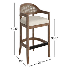 Bar Stool, Solid Oak Frame with Taupe Beige Upholstery