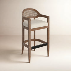 Bar Stool, Solid Oak Frame with Taupe Beige Upholstery