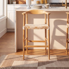 Bar Stool, Upholstered Seat, Low Back, 29 Inch Seat Height, White and Brown