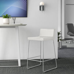 Bar Stool, White Faux Leather, 29 Inch Seat Height, Low Back