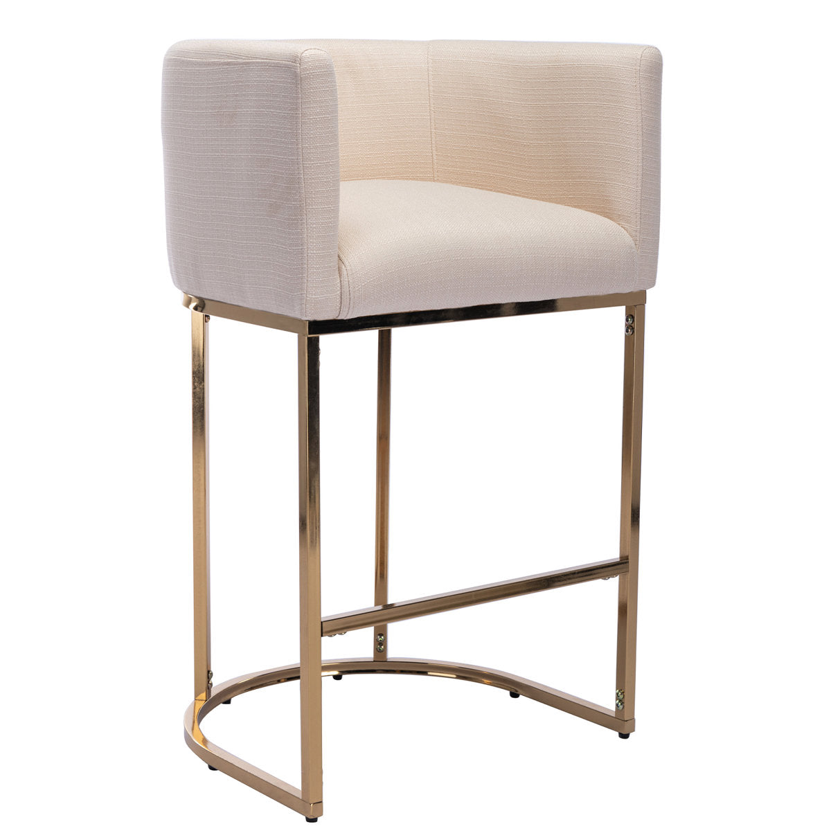 Bar Stool with Arms and Footrest, Gold Metal Frame, Beige