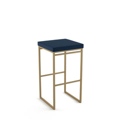 Bar Stool with Blue Upholstered Seat and Gold Steel Sled Base
