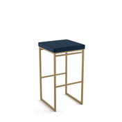 Bar Stool with Blue Upholstered Seat and Gold Steel Sled Base