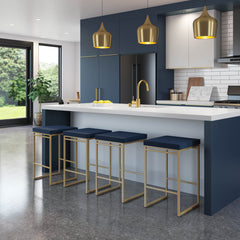 Bar Stool with Blue Upholstered Seat and Gold Steel Sled Base