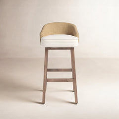 Bar Stool with Cream Fabric Seat and Brown Solid Mango Wood Frame