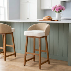 Bar Stool with Cream Fabric Seat and Brown Solid Mango Wood Frame