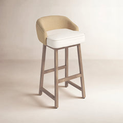 Bar Stool with Cream Fabric Seat and Brown Solid Mango Wood Frame