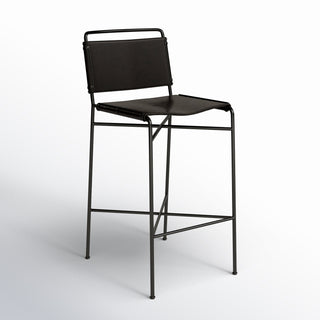 Bar Stool with Footrest in Distressed Black Faux Leather and Waxed Black Iron