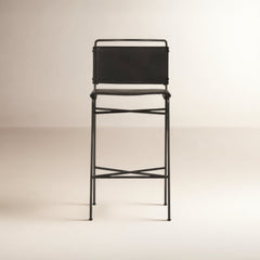 Bar Stool with Footrest in Distressed Black Faux Leather and Waxed Black Iron
