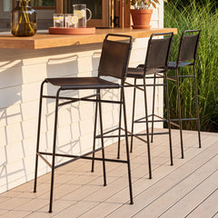 Bar Stool with Footrest in Distressed Black Faux Leather and Waxed Black Iron