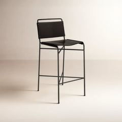 Bar Stool with Footrest in Distressed Black Faux Leather and Waxed Black Iron