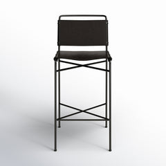 Bar Stool with Footrest in Distressed Black Faux Leather and Waxed Black Iron