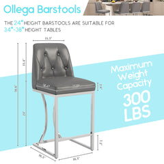 Bar Stools, Faux Leather Upholstered, Low Back, Silver Metal Sled Legs