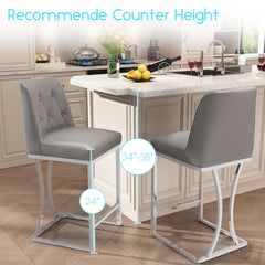 Bar Stools, Faux Leather Upholstered, Low Back, Silver Metal Sled Legs