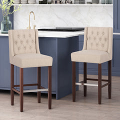 Bar Stools, Set of 2, Beige Polyester Blend Seats, Espresso Wood Frame
