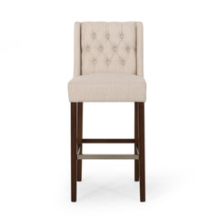 Bar Stools, Set of 2, Beige Polyester Blend Seats, Espresso Wood Frame