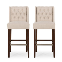 Bar Stools, Set of 2, Beige Polyester Blend Seats, Espresso Wood Frame