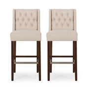 Bar Stools, Set of 2, Beige Polyester Blend Seats, Espresso Wood Frame