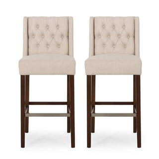 Bar Stools, Set of 2, Beige Polyester Blend Seats, Espresso Wood Frame