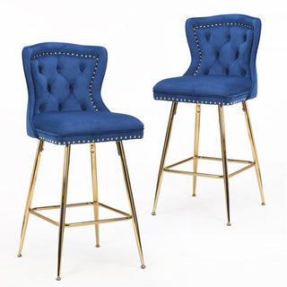 Bar Stools, Set of 2, Blue Upholstery, Gold Metal Legs