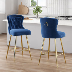 Bar Stools, Set of 2, Blue Upholstery, Gold Metal Legs
