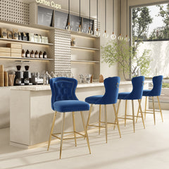 Bar Stools, Set of 2, Blue Upholstery, Gold Metal Legs
