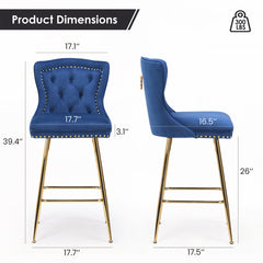 Bar Stools, Set of 2, Blue Upholstery, Gold Metal Legs