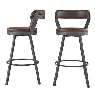 Bar Stools, Set of 2, Brown Faux Leather with Gray Metal Frame