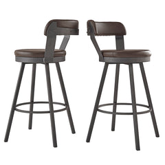 Bar Stools, Set of 2, Brown Faux Leather with Gray Metal Frame