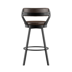 Bar Stools, Set of 2, Brown Faux Leather with Gray Metal Frame