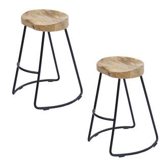 Bar Stools, Set of 2, Brown Mango Wood Seat with Black Iron Frame