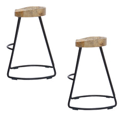 Bar Stools, Set of 2, Brown Mango Wood Seat with Black Iron Frame
