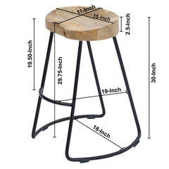 Bar Stools, Set of 2, Brown Mango Wood Seat with Black Iron Frame