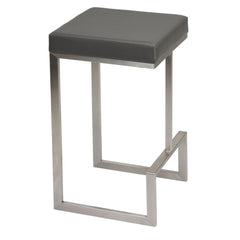 Bar Stools, Set of 2, Gray Faux Leather, Stainless Steel Sled Legs
