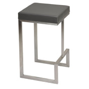 Bar Stools, Set of 2, Gray Faux Leather, Stainless Steel Sled Legs