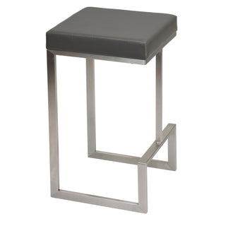 Bar Stools, Set of 2, Gray Faux Leather, Stainless Steel Sled Legs